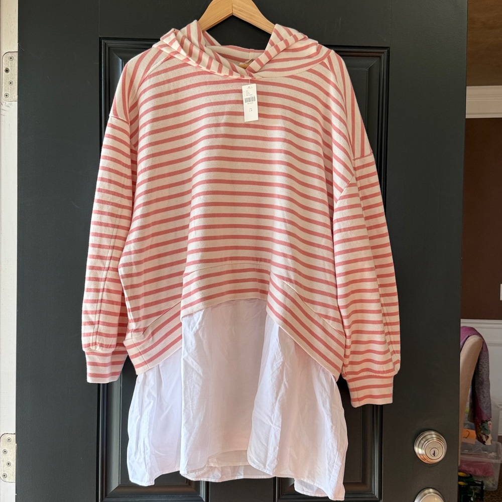 NWT Pilcro Anthropologie Hooded Sweatshirt Twofer Mini Dress Pink/White Size LP - Picture 2 of 12